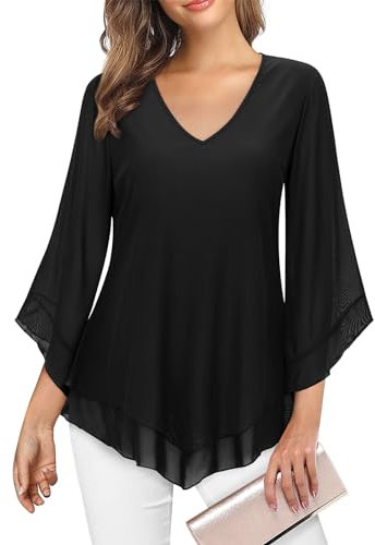 Gemulate Womens Blouses 3/4 Sleeve Tops Dressy Casual Double Layered V Neck Mesh Chiffon Tunic Shirts Evening Dresses for Women UK-Black,M