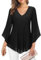 Gemulate Womens Blouses 3/4 Sleeve Tops Dressy Casual Double Layered V Neck Mesh Chiffon Tunic Shirts Evening Dresses for Women UK-Black,M