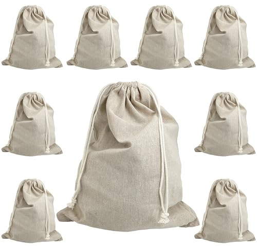 Lot de 10 Sacs en Toile De Jute Naturelle, Sac en Toile Polyvalent Réutilisable En Coton, Lin Non Blanchi, avec Cordon de Serrage, Format 27x32 cm, Idéal Pour Légumes et Rangement