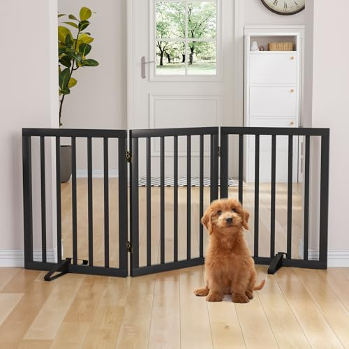 Semiocthome Freistehendes Bambus-Hundegitter für Türen, 3-teilige Welpentore für das Haus mit 2 Metallständern, 61 cm hoch, zusammenklappbares Haustiergitter für Treppen, erweiterbar bis zu 140 cm