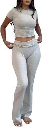 YETOWA 2-teiliges Yoga-Outfit für Damen: schmale, kurzärmelige Oberteile und ausgestellte Leggings mit niedriger Taille, vielseitiger Fitness-Sweatanzug, Heather Grey Kurzarm-Set, S