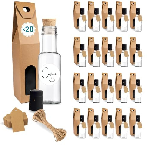 20 botellas pequeñas de cristal de 100 ml con tapón de corcho + 20 cajas + 20 sellos + 20 etiquetas autoadhesivas + 20 etiquetas Kraft + cuerda – Licor, whiskey, ron – muestras y recuerdos