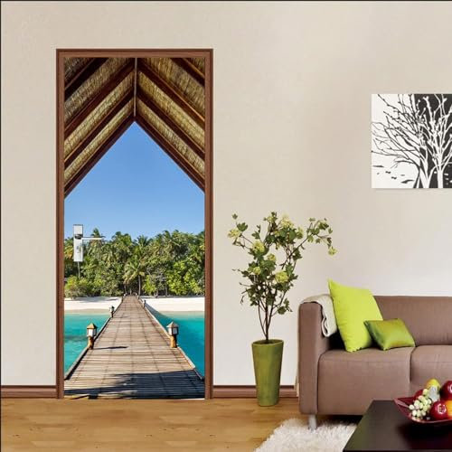 3Dpaisaje De Madera Del Puente De Madera De La Playa Mural De Puerta, Pegatina Autoadhesiva Para Puerta, Póster, Papel Tapiz, Pegatina De Pared Artística, Foto 77 X 200 Cm Para Sala De Estar, Dormito