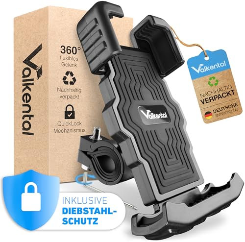 Valkental® Stabile Fahrrad Handyhalterung mit Diebstahlschutz & Klicksystem [Einfache Montage] 360° Rotation | Universell kompatibel | iPhone, Samsung, Huawei [Kein Wackeln] Geprüfte Qualität