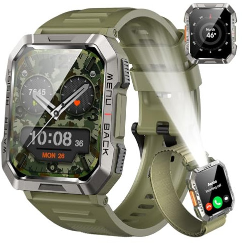 Militare SmartWatch Uomo(Rispondi/Effettua Chiamate), Fitness Tracker con Torcia/Bussola/900mAh Batteria /24H Cardiofrequenzimetro/Sonno/ SpO2/100+ Modalità Sport per Android IOS (2 Cinturini)
