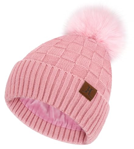 ZASFOU Gorro de invierno para mujer, gorro de punto a cuadros con pompón, gorro holgado con forro polar para mujer, gorro de calavera para clima frío, regalos para mujer, rosa, Talla única