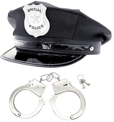 JZK Sombrero de policía y esposas para adultos, hombres y mujeres, accesorio de disfraz de oficial de policía, gorra de policía para cosplay de Halloween