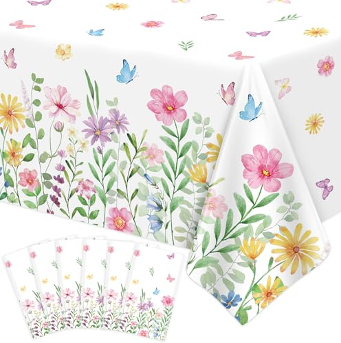 6 Pcs Spring Floral Tablecloth Blooming Flower Tablecloth Wildflower Table Cloth Butterfly Table Cover Easter Picnic Spring Party Decorations Tea Party Supplies Wild Flower Birthday Decor 86 x 51 Inch