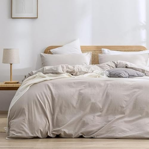 Gezu Coton Sets de Housse de Couette 220x240cm Beige Lin Couleur Parure de Lit Haut Gamme Plissé Coton Adulte 2 Personnes Moderne Doux Linge de Lit avec 2Taies d'oreiller 65x65 Fermeture Éclair