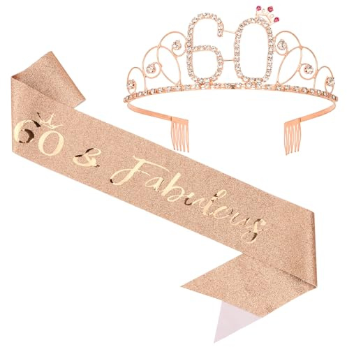KIUEZIR Rose Gold 60th Birthday Tiara & Sash Set - Sparkling Rhinestone Crown Headband with 60 & Fabulous Glitter Sash, Elegant Party Headwear for Women's Milestone Celebrations & Anniversary