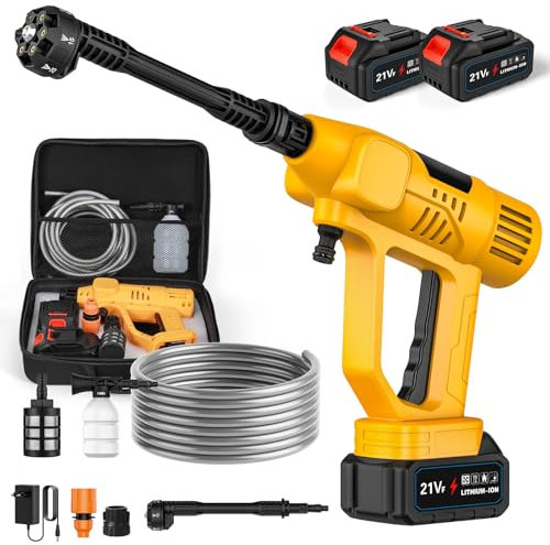 Hidrolimpiadora Bateria, 65 Bar Pistola de Agua a Presión con 2 Batería de 3,0Ah, Boquilla 6 en 1, Ajuste de Presión en 10 Niveles, Pantalla Táctil LCD para Coche y Jardín