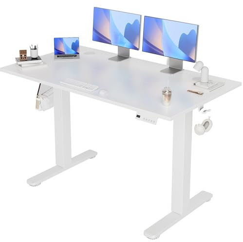 Claiks Escritorio de altura regulable 120 x 60 cm, escritorio de altura ajustable, mesa de pie con 2 ganchos y 3 función de memoria, escritorio de pie ajustable, escritorio de pie, color blanco