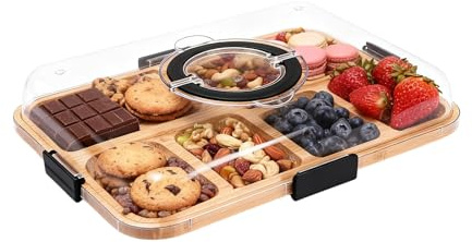 Charcuterie Board - Tabla de aperitivos portátil con 6 compartimentos y tapa transparente – Tabla de queso reversible para picnic, fiesta y cocina – Tabla de servir multifuncional para 2 – 4 personas