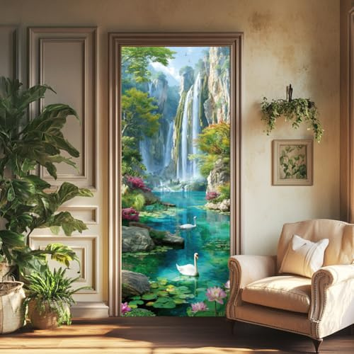 arricraft 2 calcomanías autoadhesivas para puerta, 31.5 x 78.7 pulgadas, diseño de lirio de agua de cisne, flores, plantas, paisajes verdes, murales de puerta, calcomanías de PVC para puertas