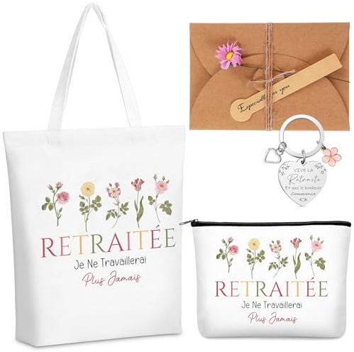 Xuniea 4 Pièces Set Cadeau Retraite Femmes Sac Retraite Tote Bag Trousses à Maquillage Porte-Clés Carte de Vœux en Papier Kraft Cadeau de Départ pour Collègue Maîtresse Amis Noël
