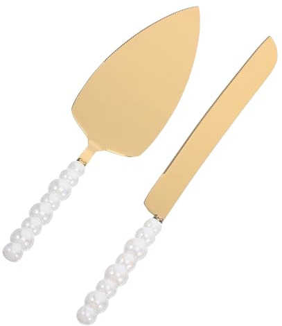 FUNNETOYU Cortador de Tartas y Pasteles con Mango de Cerámica Perlado Cuchillo de Acero Inoxidable con Filo Dentado para Postres Cortador de Versátil para Bodas Cumpleaños y Restaurantes