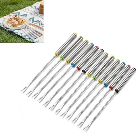 Juego de 12 Tenedores para Fondue Acero Inoxidable - Coloridos Mango Anti-Calor, para Chocolate Queso Carnes, Fáciles de Limpiar y Usar