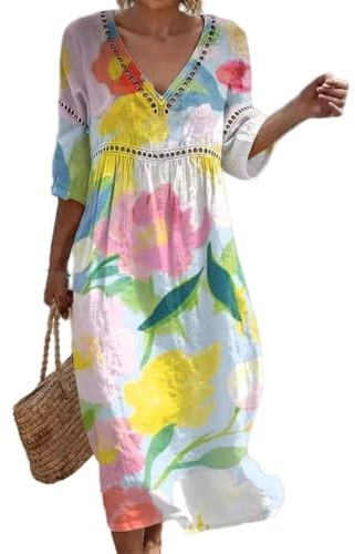 Summer Dresses for Women UK Bohemian 3/4 Sleeve Print Dresses Casual Loose Fit Boho Dress Breathable Comfortable Friendly Elegant Style Holiday Beach Travel Everyday Wear