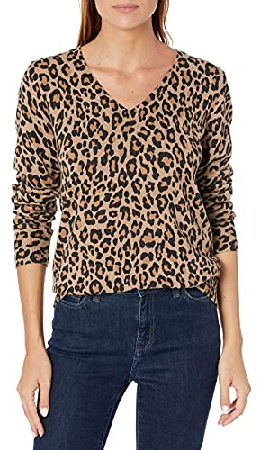 Amazon Essentials Pull Léger à Manches Longues et Col en V Femme, Chameau Léopard, M