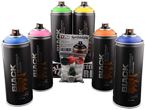 Montana Sprühdosen Box Summer Jam - hochdeckendes Farbspray mit Grün und Orange auf Nitro-Acrylibasis + Ersatzsprühköpfe