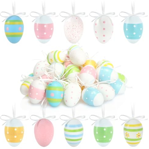COM-FOUR® 36x Huevos de Pascua Pintados a Mano para Colgar - Decoraciones de Pascua en Colores Pastel - Huevos de Pascua Decorativo, 6 cm