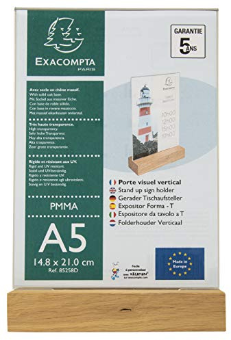 Exacompta 85258D Tischaufsteller mit Holzsockel DIN A5 Hochformat aus hochwertigem Acryl beidseitig verwendbar UV beständig Prospektschild Flyerhalter Tischschild Prospekthalter transparent