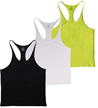 Muscle Alive Mens Gym Stringer Singlet 1cm Strap Stretchy Bodybuilding Workout Tank Top Cotton Black+Grey+Yellow L