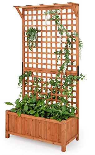 HAPPYGRILL Raised Garden Bed with Trellis, 72.5 Planter Raised Bed with Drainage Holes, Freestanding Garden Box for Vine Climbing Plants, Wooden Planter Box for Yard Balcony (1, Orange)
