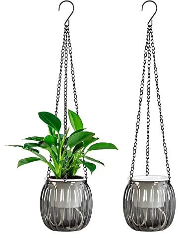 hifrom Blumentöpfe zum Aufhängen, Blumenampel Außen Körbe mit Kette, Blumenampel Hängeampel Blumentopf Pflanzen, Blumenschalen für Draußen, Indoor Hängetöpfe (2er Set transparent grau 9.5 cm)