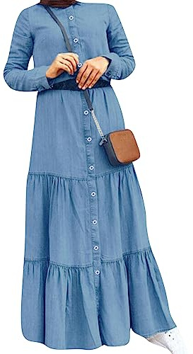 OMZIN Women's Long Sleeve Denim Maxi Dress Button Down Lightweight Lapel Collar Long Dress