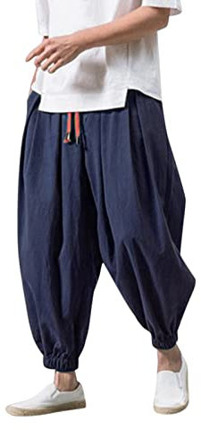WAZHAKU Haremshose Herren Baggy Aladinhose Goa Pluderhose Japanischer Stil Freizeithose Herren Jogger Hose Chinesische Baggy Hose Haremshose - Hippie Yoga Ballon Bloomer Casual Lose Laufhose