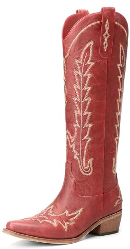 Rivalran Red Cowboy Boots for Women - Wide Calf Knee High Pointed Toe Chunky Heel Pull On Zipper Western Cowgirl Boots, Retro Country Vintage Fashion Tall Boots US Size 9