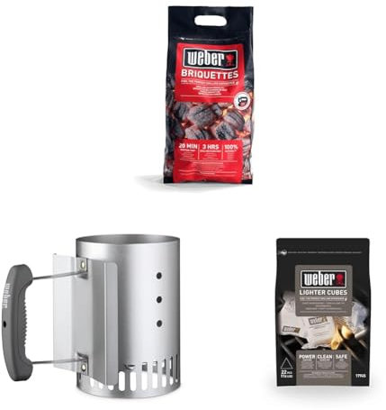 Weber Briquetas 4kg, Negro, 17590168 + Weber 7447, Chimenea de Encendido Compacta Rapidfire, a Carbón, de Aluminio, Metálico + Weber 17945, Cubos Encendedores, Blanco