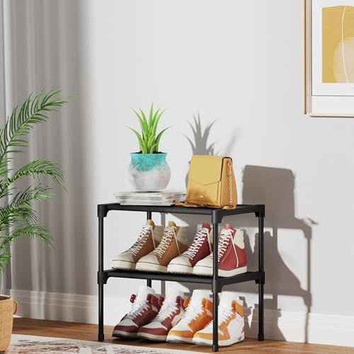 Kitsure Schuhregal für Schrank – Schuhregal Schmal, Schuhregal Platzsparend mit Vliesstoff, platzsparendes Schuhregal für Eingangstür, Schuhregal Schwarz, Medium, 4152BL-2T