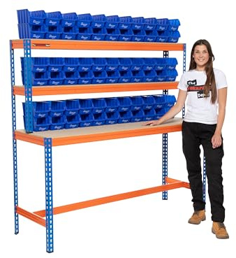 Large Garage Workbench, Heavy Duty 400kg UDL Blue/Orange Workstation with MDF Shelves (with x70 Medium Blue Bins)