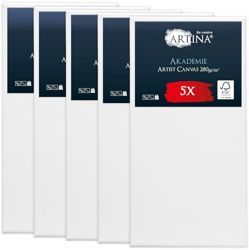Artina Set da 5 Tela per Dipingere 50x100 cm - 100% Cotone 280g/m² – Telaio in Legno Certificato FSC – Non Si deforma – Canvas Tela Bianca Tele per Pittura – Tele per Dipingere Grandi Akademie