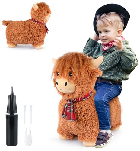 SuzziPals Bouncy Highland Cow Hopper Toys, Inflatable Cow Ride on Bouncer, Indoor Outdoor Highland Cows Plush Bouncy Horse for Toddlers & Kids, Bouncing Animals Toddler Toys, Toddler Gifts