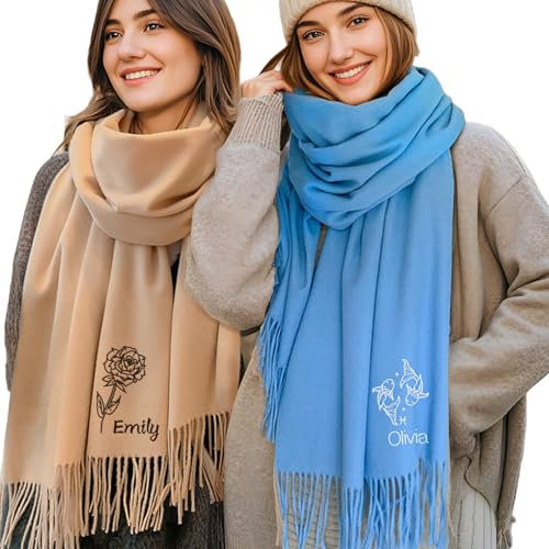 Personalisierter bestickter Schal, Unisex-Kaschmirschals, bestickter Name, Sternbilder, Geburtsblume, Damen-Umhängetuch für die tägliche Reise, Weihnachten, Hochzeit, Geburtstag, Geschenke für Braut,