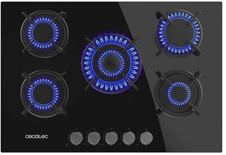 Cecotec Plaque de Gaz Butane et Naturel 5 Feux Bolero Squad G 5200S Glass Black. 11000 W, Verre Noir, Grilles Individuelles en Fonte, WOK Triple Couronne, Allumage Électrique, Système de Sécurité