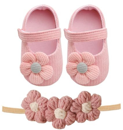 Scarpe da principessa con fiori, 2 pezzi, fascia per la testa, Mary Jane Flats, antiscivolo, morbide per prime occasioni speciali
