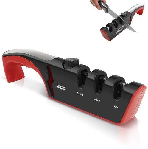 Vonsera Aiguiseur Couteaux, 4 en 1 Affuteur de Couteaux, Multifonction Eguiseur de Couteau à 3 Phases Professionnel avec Bouton D'angle Réglable à 6 Positions, pour Ciseaux et Couteaux de Cuisine