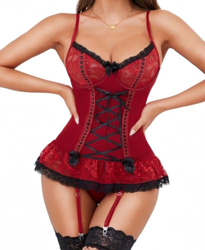 RSLOVE Sexy Lingerie Sets for Women - Lace Corset Set 2-Piece Outfits Bodysuit with Panties and Garter Belt