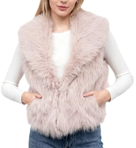 Amazhiyu Gilet en fausse fourrure pour femme, UK, cardigan à revers avec ouverture sur le devant et poches, sans manches, col en V, vêtement pelucheux pour l'hiver/automne, rose, XL