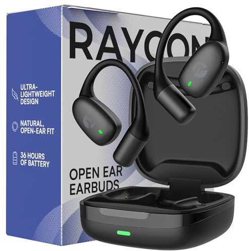 Raycon Essential Open Ear Earbuds – Open Ear Headphones, Earbuds Wireless Bluetooth, Sweat & Water-Resistant Earphones, Running Headphones with Ultra-Lightweight Design, 36 Hours Battery Life (Black)