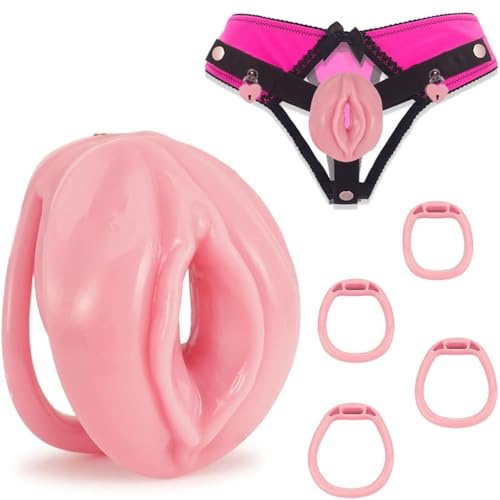 TCSKIOS Male Sissy Chastity Cage Set Realistic Pussy Cock Cage Lock & Chastity Sexy Underwear Adjustable Strap on Harness Chastity Belts Devices, Bondage Adult Sex Toy for Gay Men Cage (L-Pink-Belt)