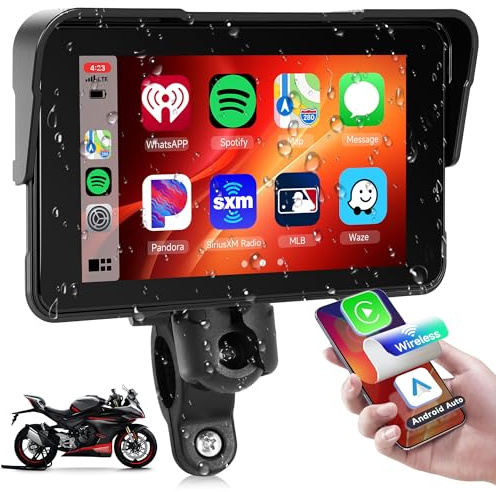 Rimoody Pantalla Moto Carplay Inalámbrica,5 Pantalla Táctil Portátil Radio Coche para Motocicleta, IP68 Impermeable Android Auto Bluetooth Desmontaje Rápido Detección de Presión de Neumáticos 12V