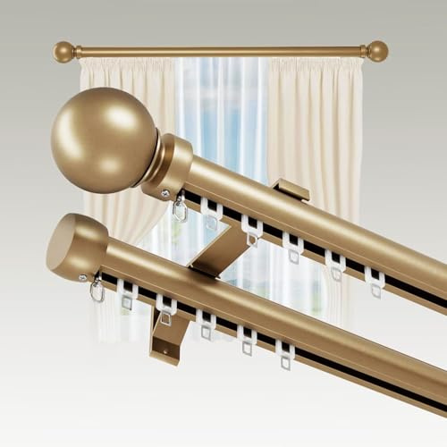 Double Curtain Rods Tracks for Windows, Heavy Duty Slilent Drapery Rod rails with Aluminum Alloy Brackets, Modern Drapery Pole with Finial for Living Room Bedroom Window (Gold, 86.6in/2.2m)