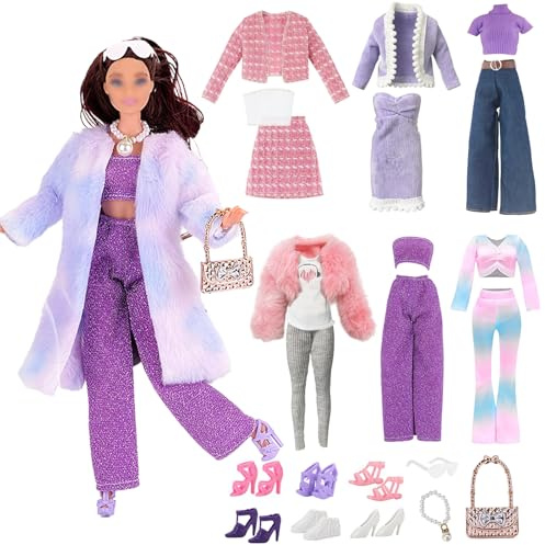24 Puppenkleidung und Zubehör für 11.5 Zoll Doll Kompatibel mit Barbie 6 Outfits PlüschMantel Set Eleganterset Casual Wear Fashionset Retro Denim Sportbekleidung 6 Schuhe Zubehör MädchenGeschenk