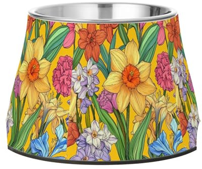 Spring Flowers - Cuenco de agua elevado de acero inoxidable para perros pequeños, diseño de narcisos, jacintos amarillos, para mascotas pequeñas