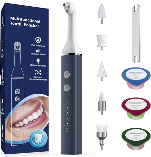 Tooth Polisher and Plaque Remover, Teeth Cleaning Tools for Cleaning and Polishing of Tooth, Dental Cleaning Tools for Brighten and Polish Teeth with 5 Brush Heads, 4 Speed Modes and 3 Polish Pastes